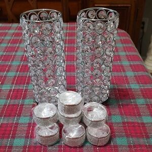 Gorgeous Silver And Faux Crystal Candle Holders And 10 Napkin Holders